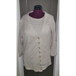 Lisa International Women's Linen Cardigan Short Sleeve Top Set Beige Size M